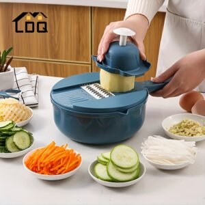 LDQ 12-in-1 Heavy-Duty Manual Food Processor & Vegetable Chopper with Handle, Lock System, BPA-Free Multi-Functional Slicer/Shredder/Grater/Dicer with Container - Easy Clean & Space-Saving Design for Kitchen, Carrots, Potatoes, Onions, Cucumbers, Fruits, Vegetables - Ideal for Home & Use, Compact & Portable, Durable, One-Touch Operation